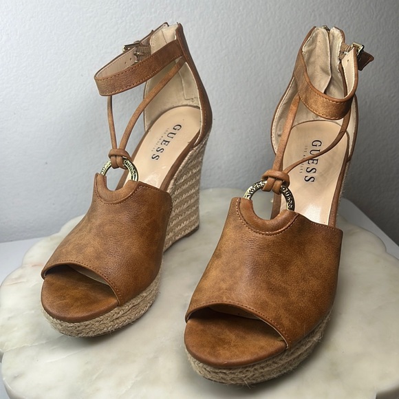 Guess Shoes Guess Brown Espadrille Wedge Sandals With Gold Hardware